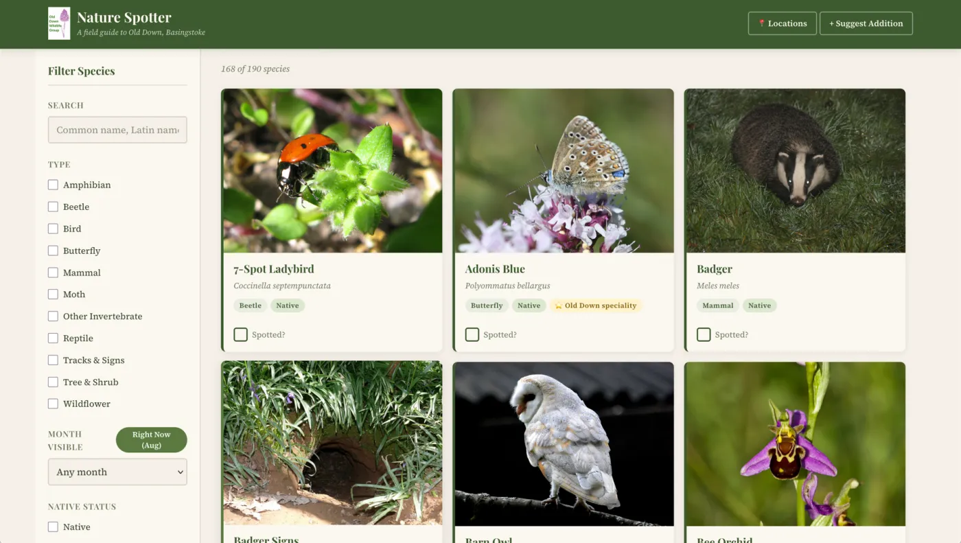 The Nature Spotter species list, showing cards for a 7-spot ladybird,
            an Adonis blue butterfly and a badger, with filters for type, month and
            native status down the left-hand side